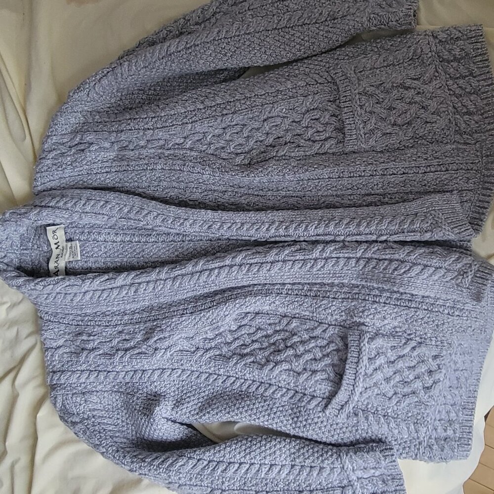ARAN MOR Ireland grey Wool Open Knit Cardigan Sweater M